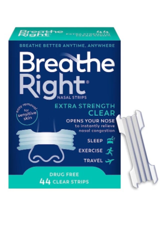 Breathe Right Extra Clear Nasal Strips for Nasal Congestion Relief, 44 Count (Pack of 1) - Packaging May Vary